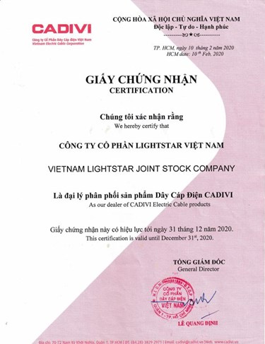 Giấy chứng nhận đại lý - Cadivi