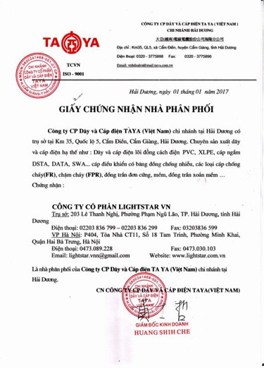 Giấy chứng nhận nhà phân phối - Taya